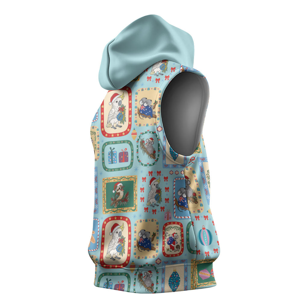 Australia Wildlife Christmas Stamp Sleeveless Hoodie Blue Aussie Native Animal Seamless Pattern