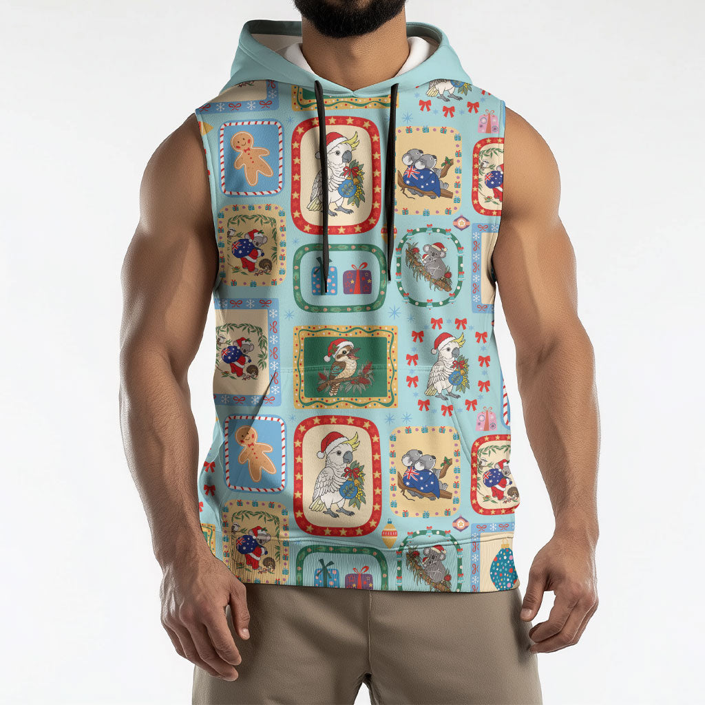 Australia Wildlife Christmas Stamp Sleeveless Hoodie Blue Aussie Native Animal Seamless Pattern