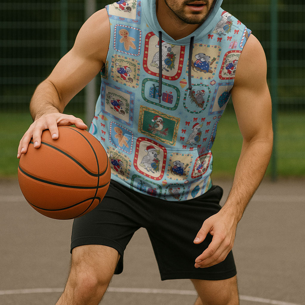 Australia Wildlife Christmas Stamp Sleeveless Hoodie Blue Aussie Native Animal Seamless Pattern
