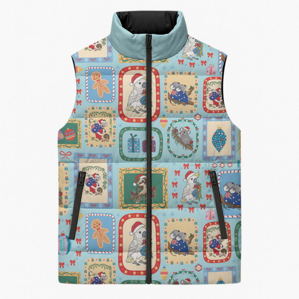 Australia Wildlife Christmas Stamp Sleeveless Puffer Jacket Blue Aussie Native Animal Seamless Pattern