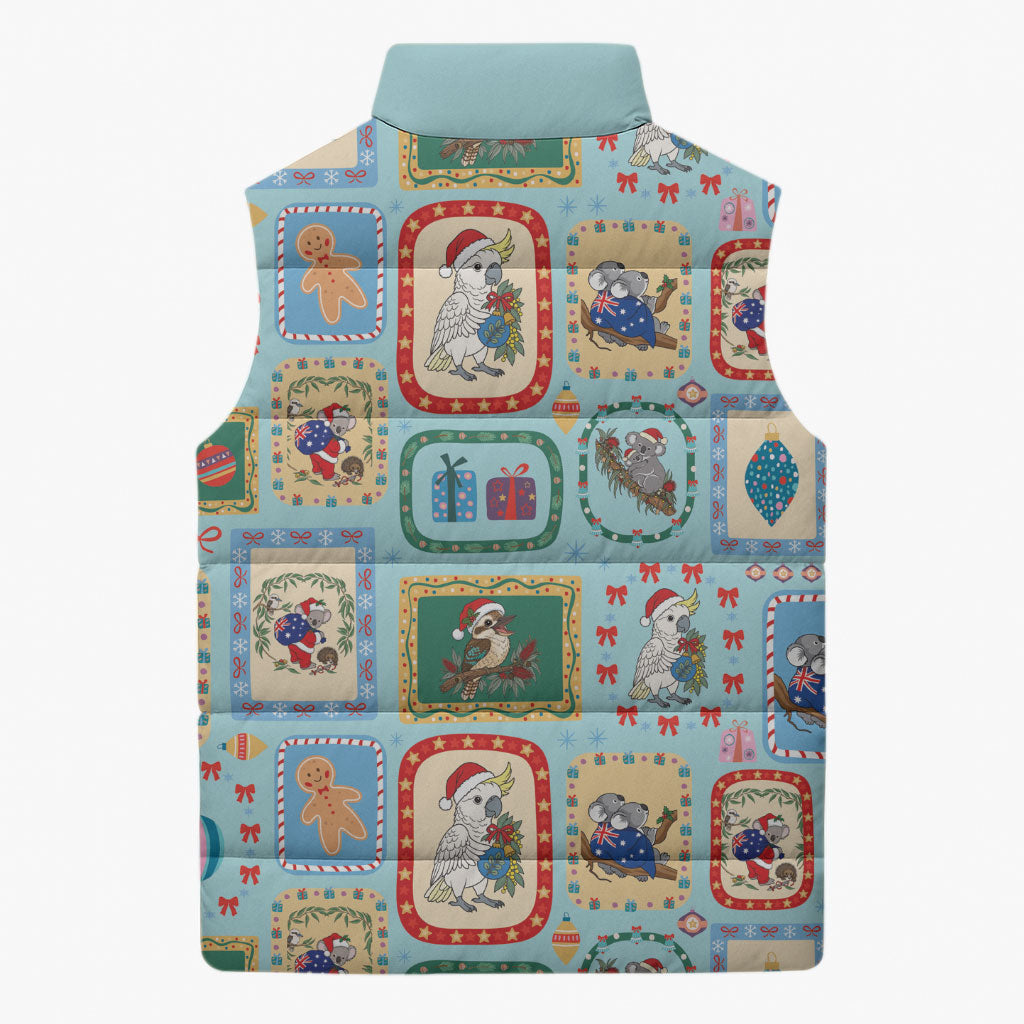 Australia Wildlife Christmas Stamp Sleeveless Puffer Jacket Blue Aussie Native Animal Seamless Pattern