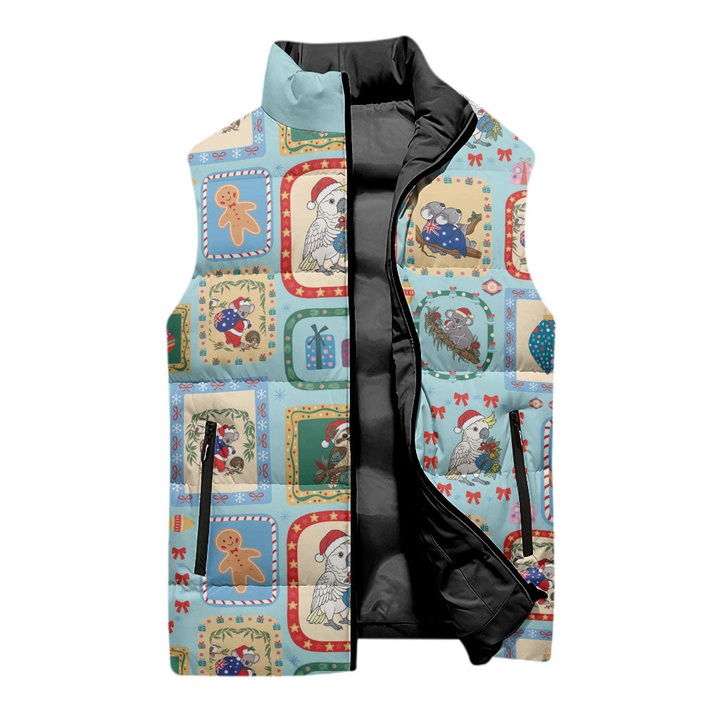 Australia Wildlife Christmas Stamp Sleeveless Puffer Jacket Blue Aussie Native Animal Seamless Pattern