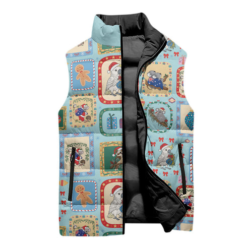 Australia Wildlife Christmas Stamp Sleeveless Puffer Jacket Blue Aussie Native Animal Seamless Pattern