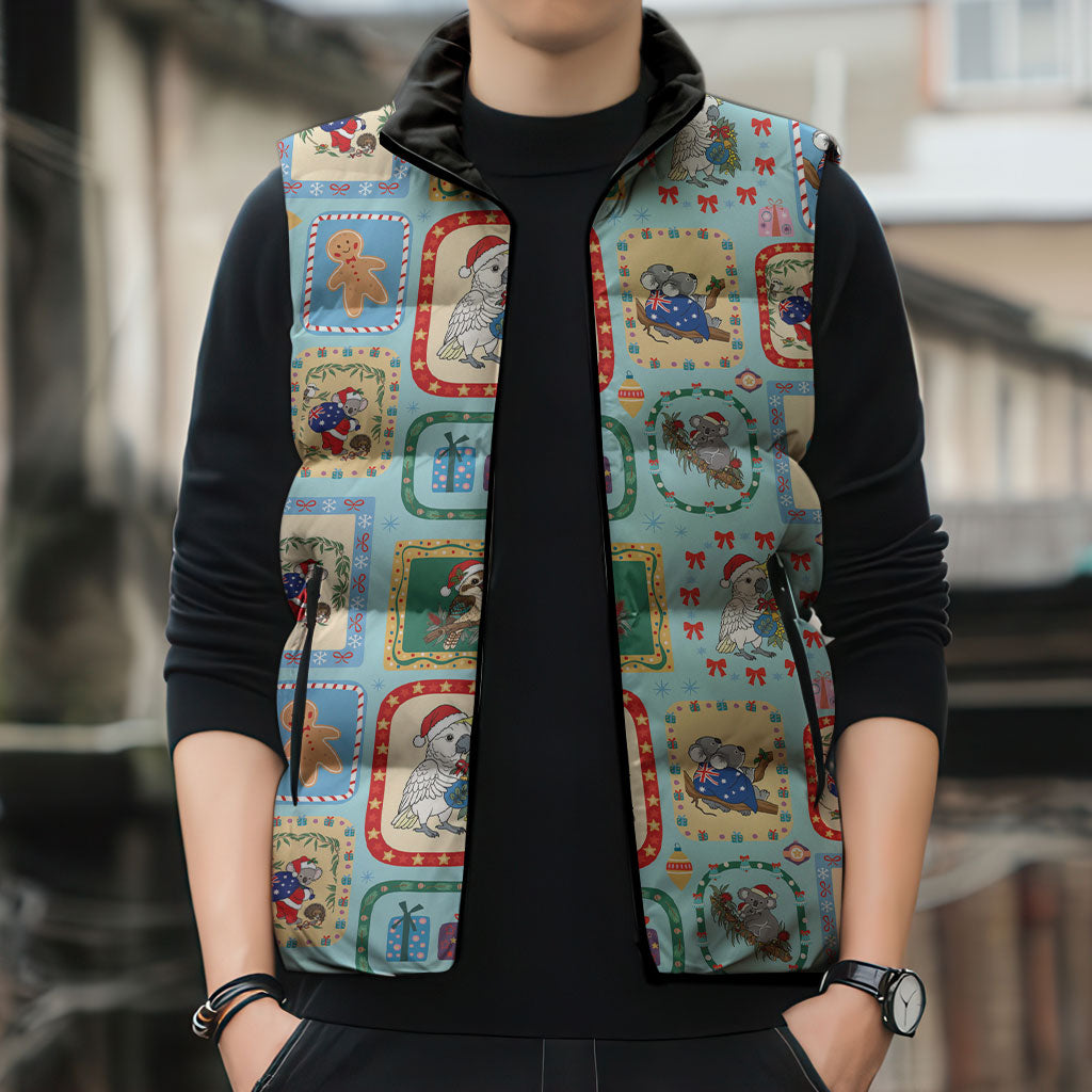 Australia Wildlife Christmas Stamp Sleeveless Puffer Jacket Blue Aussie Native Animal Seamless Pattern