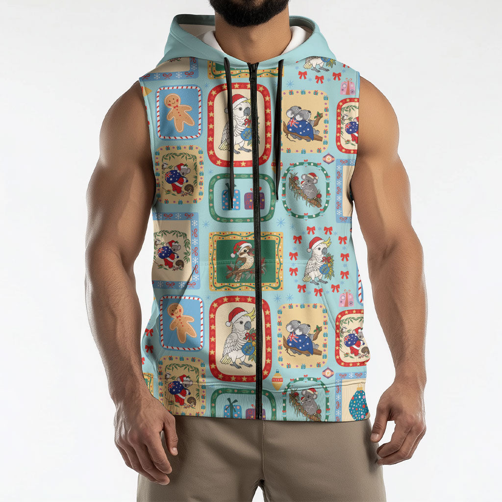 Australia Wildlife Christmas Stamp Sleeveless Zip Hoodie Blue Aussie Native Animal Seamless Pattern