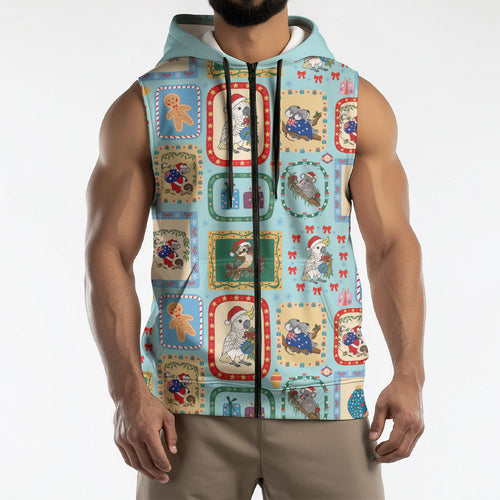 Australia Wildlife Christmas Stamp Sleeveless Zip Hoodie Blue Aussie Native Animal Seamless Pattern