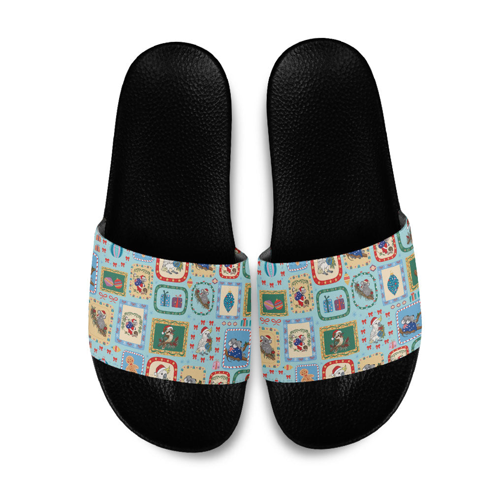 Australia Wildlife Christmas Stamp Slide Sandals Blue Aussie Native Animal Seamless Pattern