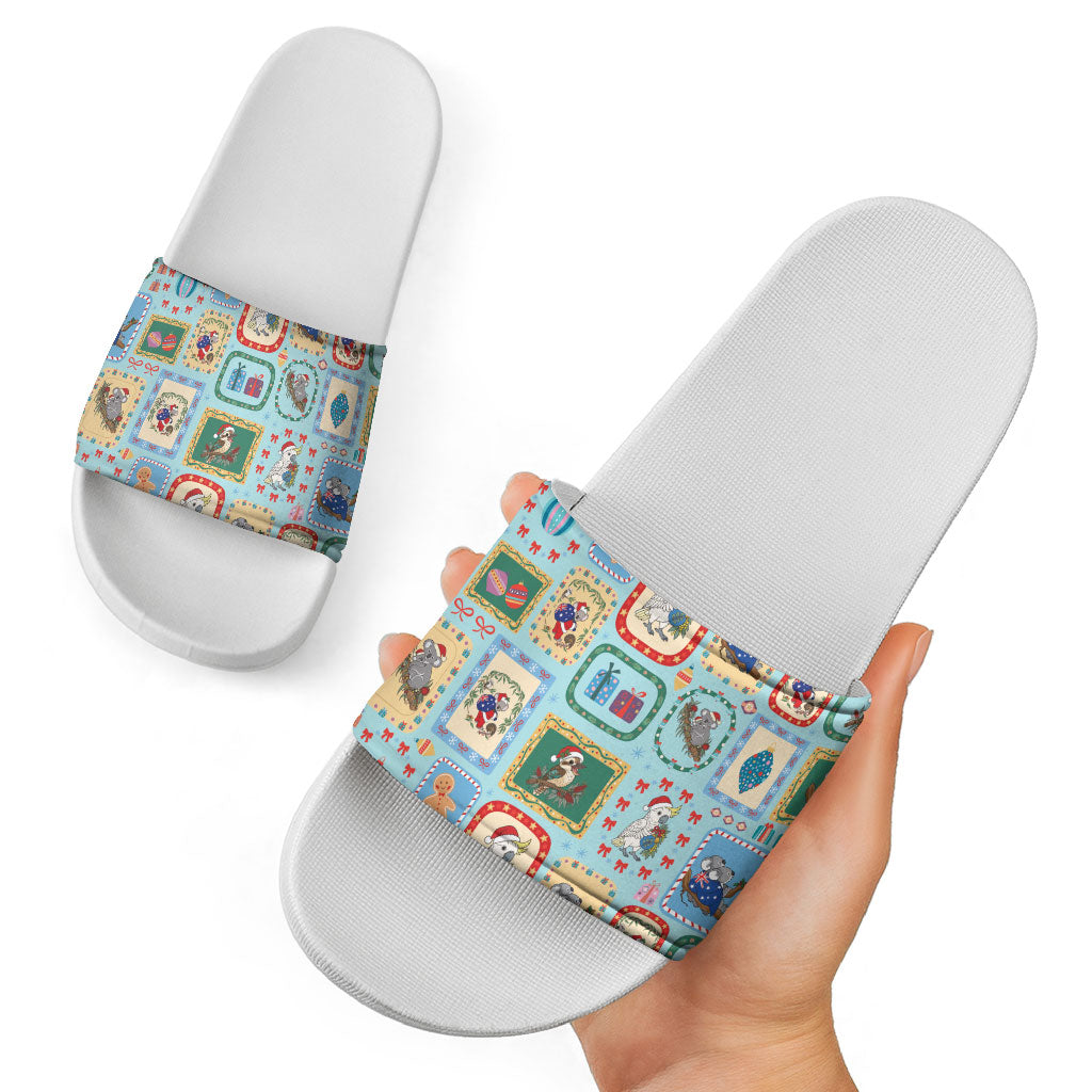 Australia Wildlife Christmas Stamp Slide Sandals Blue Aussie Native Animal Seamless Pattern