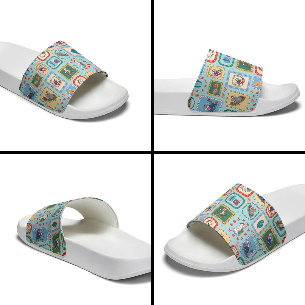 Australia Wildlife Christmas Stamp Slide Sandals Blue Aussie Native Animal Seamless Pattern