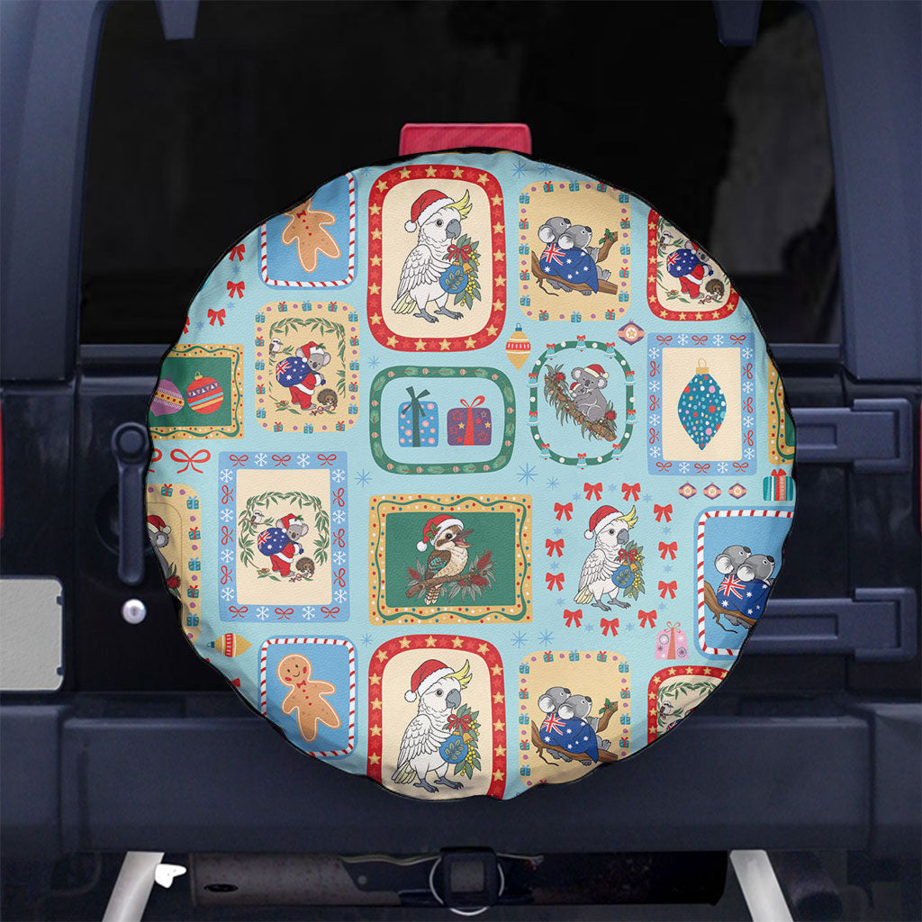 Australia Wildlife Christmas Stamp Spare Tire Cover Blue Aussie Native Animal Seamless Pattern