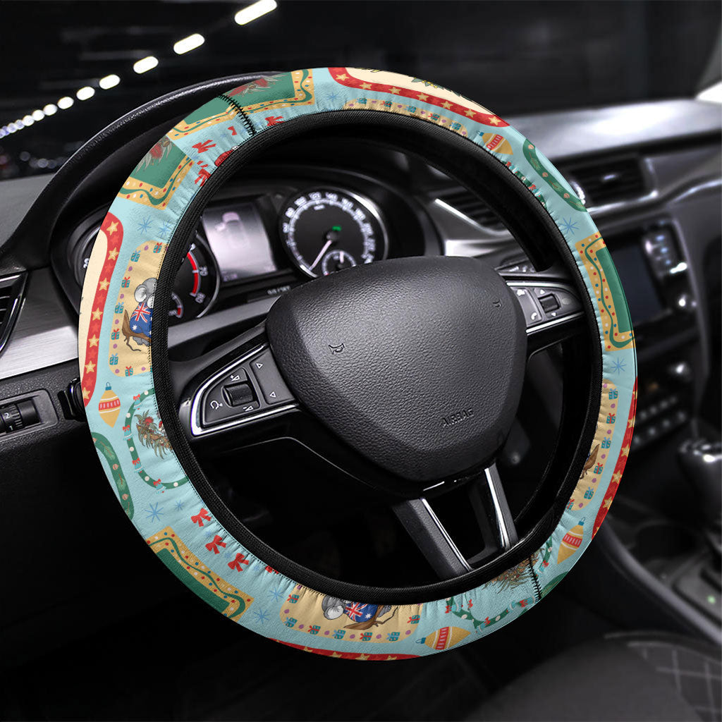 Australia Wildlife Christmas Stamp Steering Wheel Cover Blue Aussie Native Animal Seamless Pattern