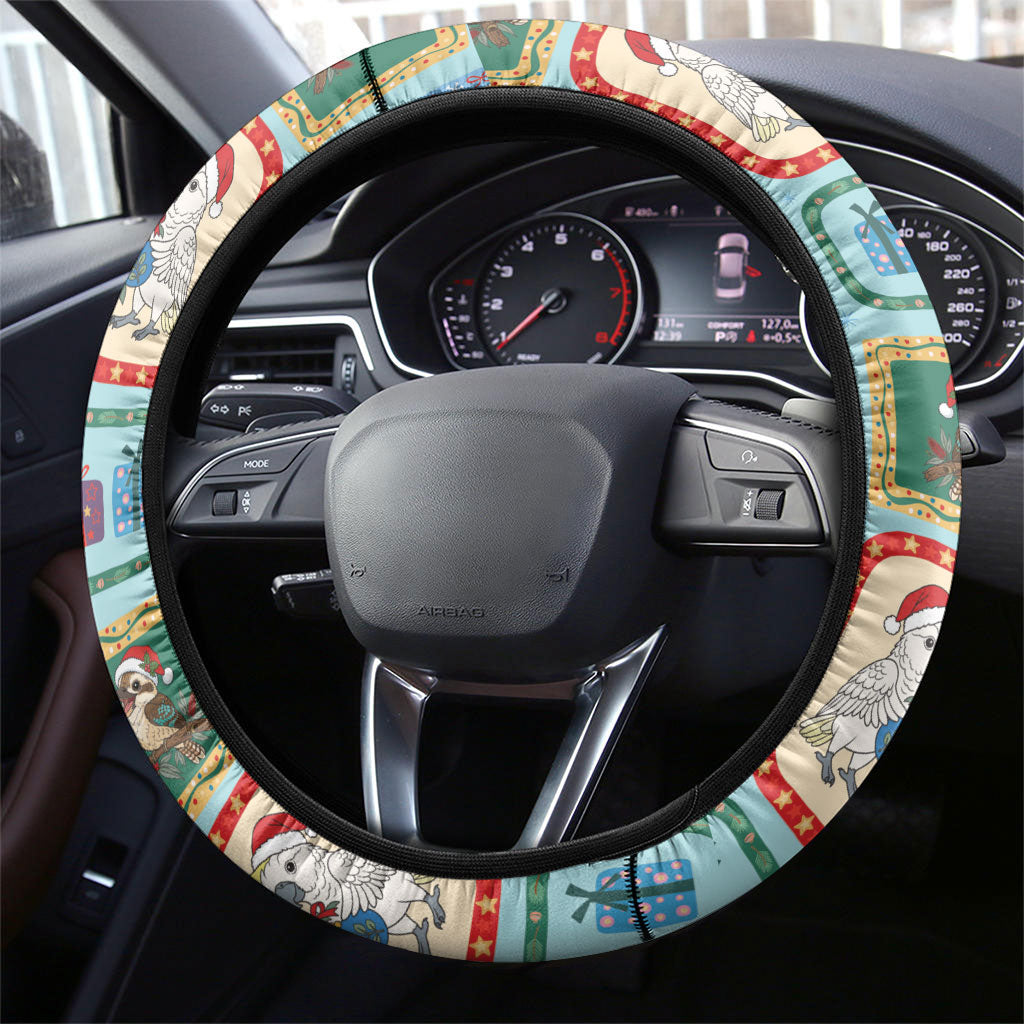 Australia Wildlife Christmas Stamp Steering Wheel Cover Blue Aussie Native Animal Seamless Pattern