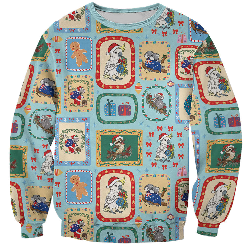 Australia Wildlife Christmas Stamp Sweatshirt Blue Aussie Native Animal Seamless Pattern