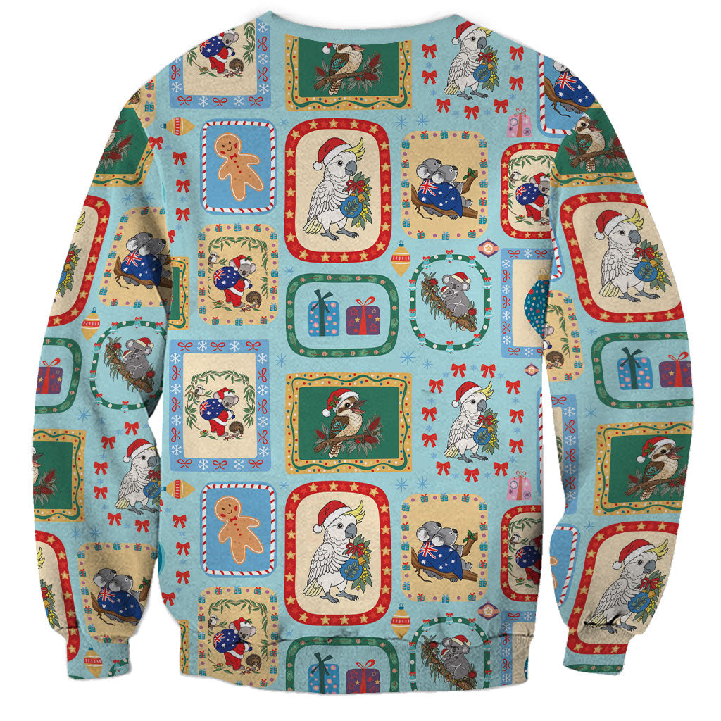 Australia Wildlife Christmas Stamp Sweatshirt Blue Aussie Native Animal Seamless Pattern
