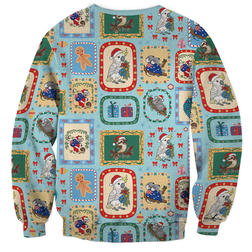 Australia Wildlife Christmas Stamp Sweatshirt Blue Aussie Native Animal Seamless Pattern