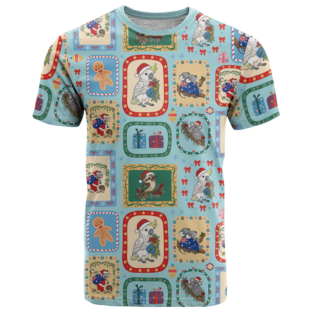 Australia Wildlife Christmas Stamp T Shirt Blue Aussie Native Animal Seamless Pattern