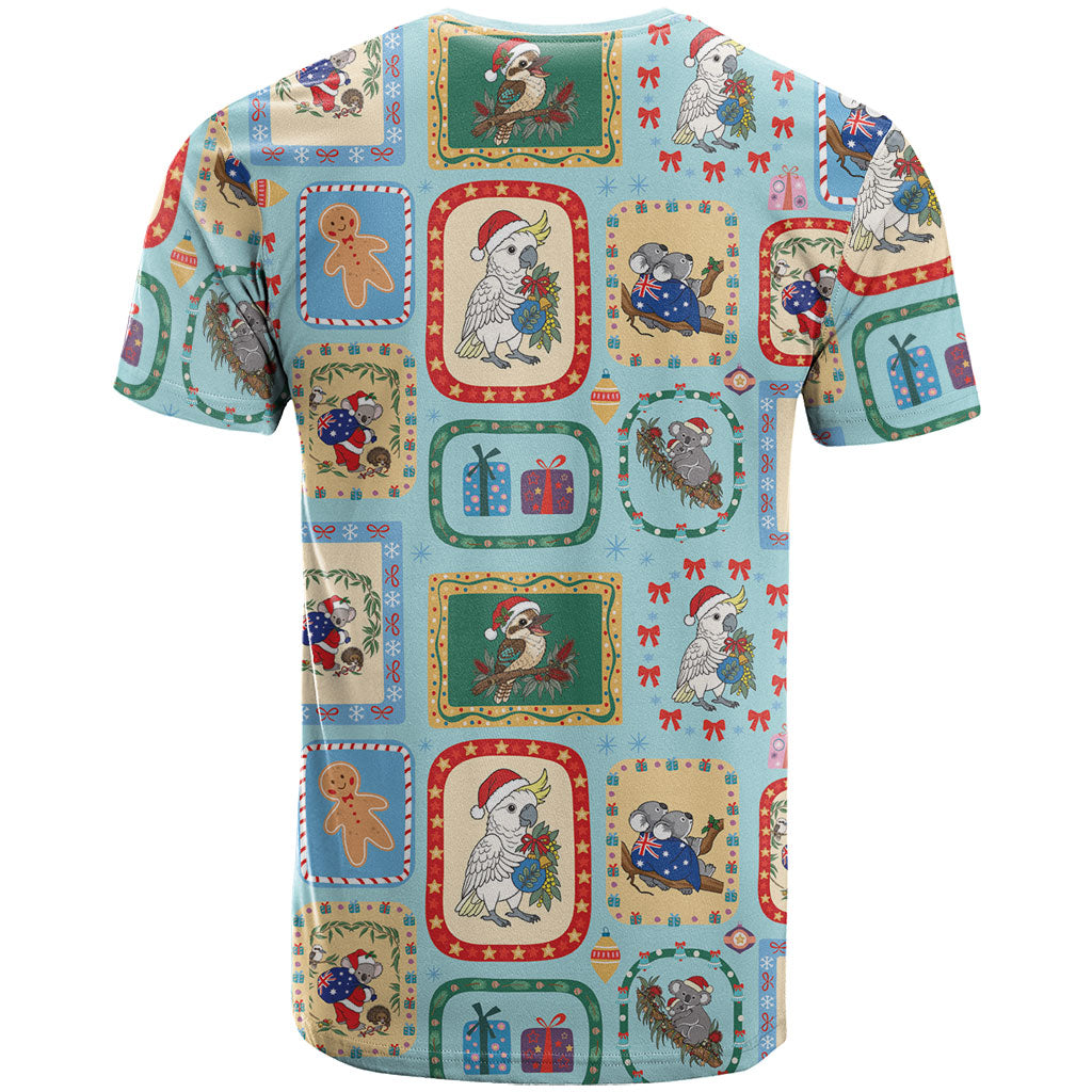 Australia Wildlife Christmas Stamp T Shirt Blue Aussie Native Animal Seamless Pattern