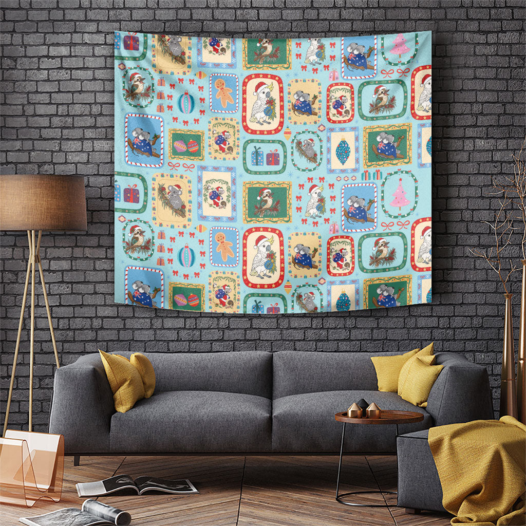 Australia Wildlife Christmas Stamp Tapestry Blue Aussie Native Animal Seamless Pattern