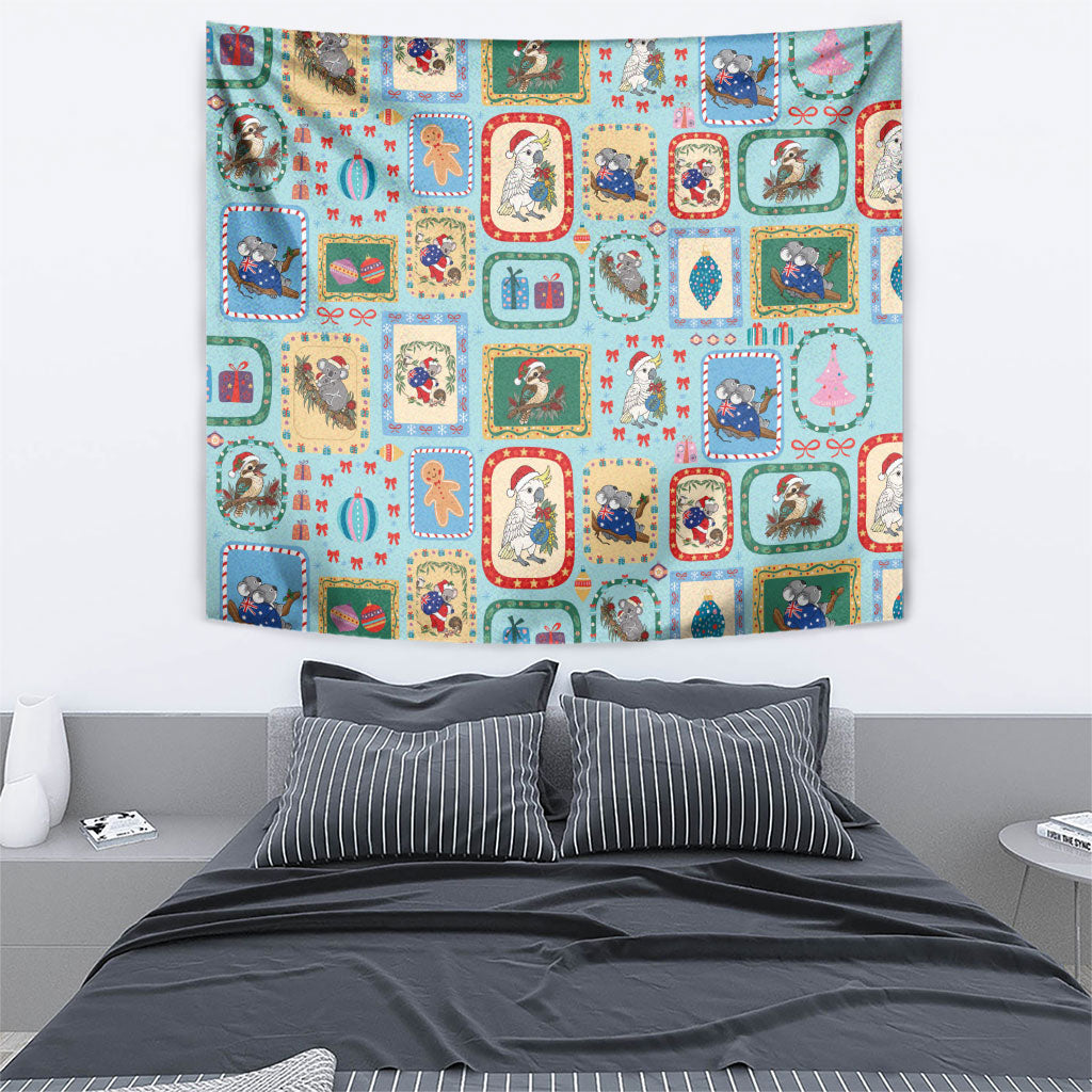 Australia Wildlife Christmas Stamp Tapestry Blue Aussie Native Animal Seamless Pattern