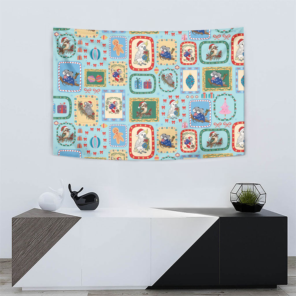 Australia Wildlife Christmas Stamp Tapestry Blue Aussie Native Animal Seamless Pattern