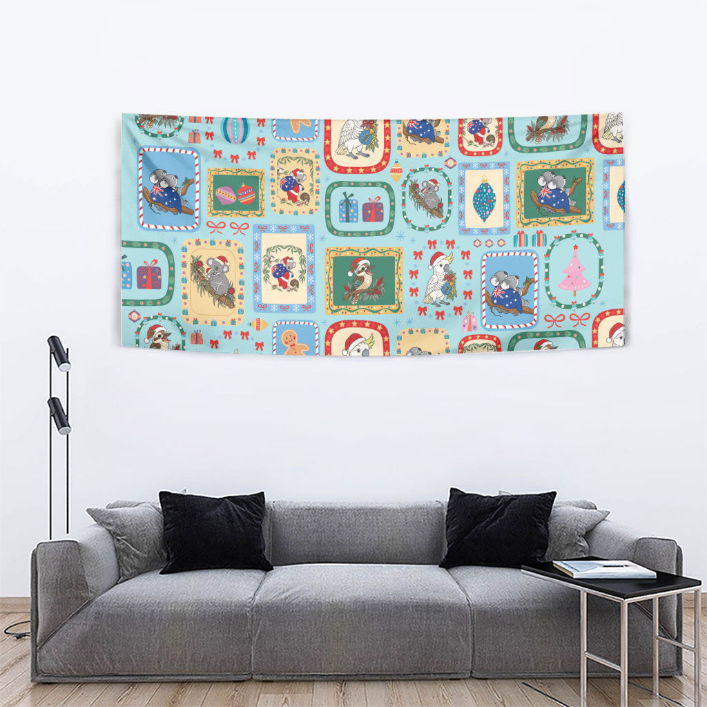 Australia Wildlife Christmas Stamp Tapestry Blue Aussie Native Animal Seamless Pattern