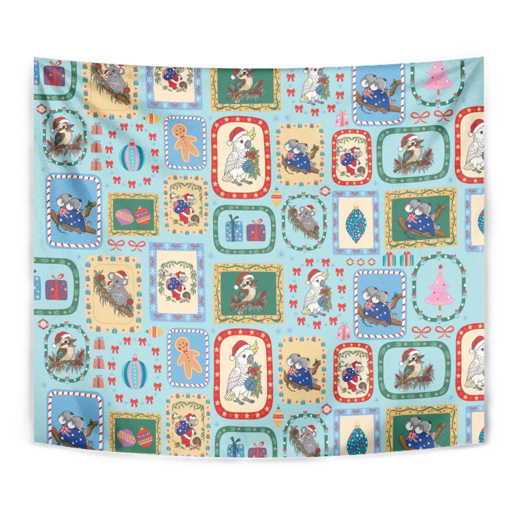 Australia Wildlife Christmas Stamp Tapestry Blue Aussie Native Animal Seamless Pattern