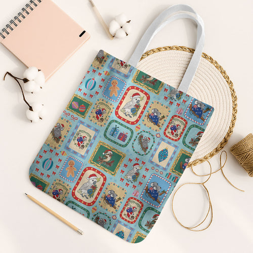 Australia Wildlife Christmas Stamp Tote Bag Blue Aussie Native Animal Seamless Pattern