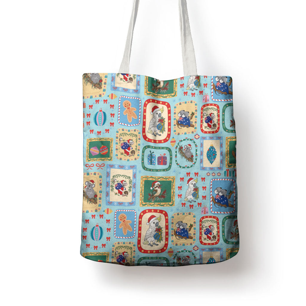 Australia Wildlife Christmas Stamp Tote Bag Blue Aussie Native Animal Seamless Pattern