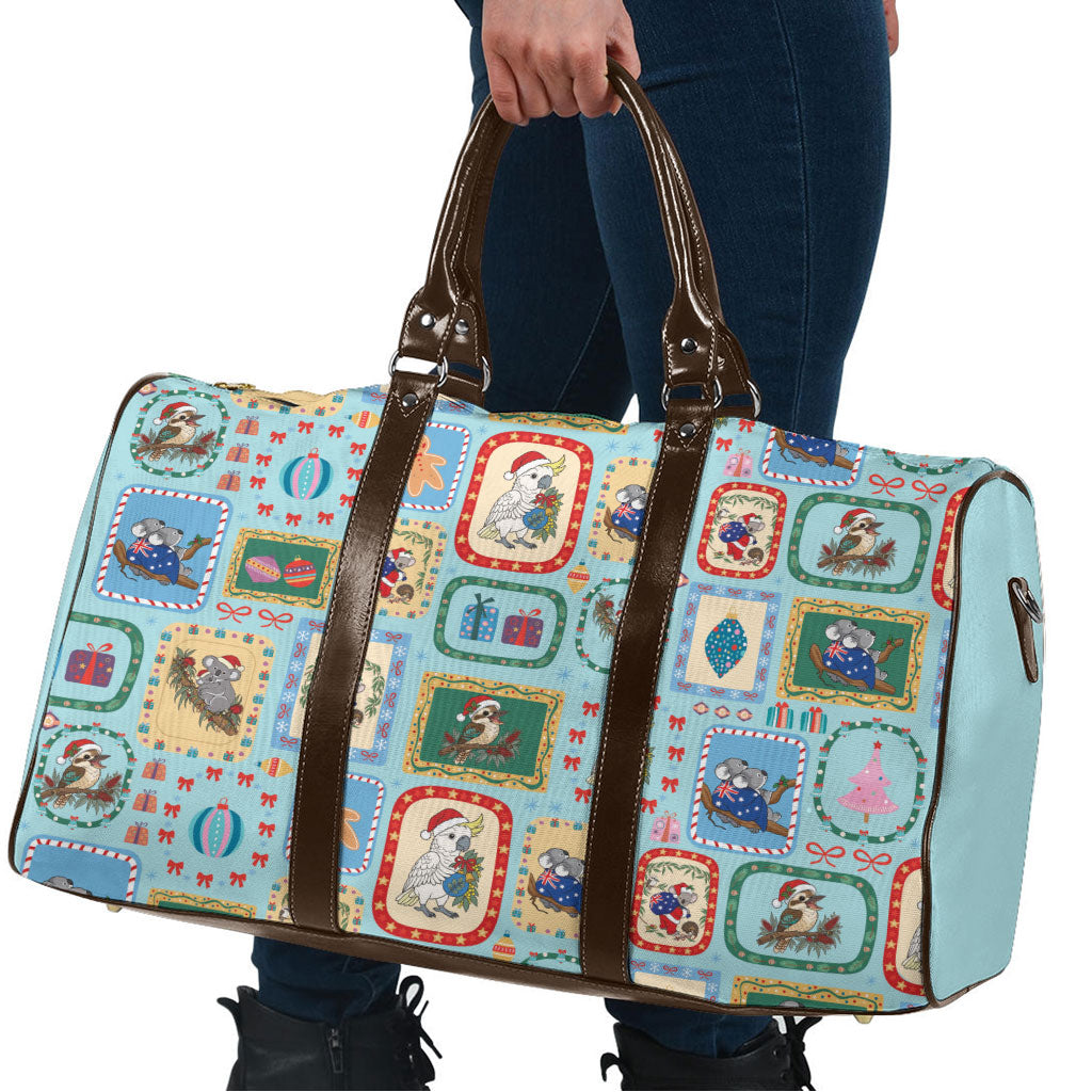 Australia Wildlife Christmas Stamp Travel Bag Blue Aussie Native Animal Seamless Pattern