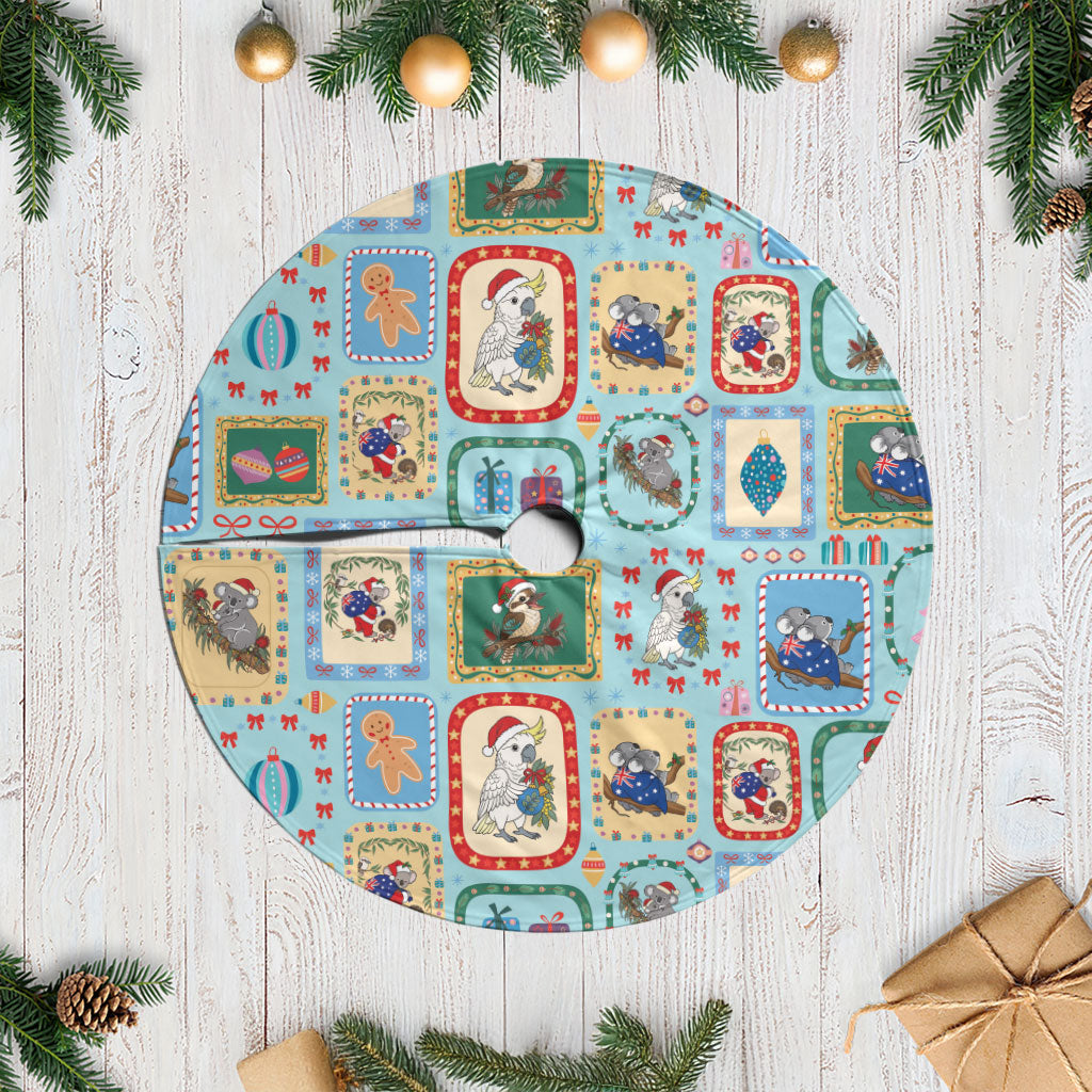 Australia Wildlife Christmas Stamps Tree Skirt Blue Aussie Native Animal Seamless Pattern