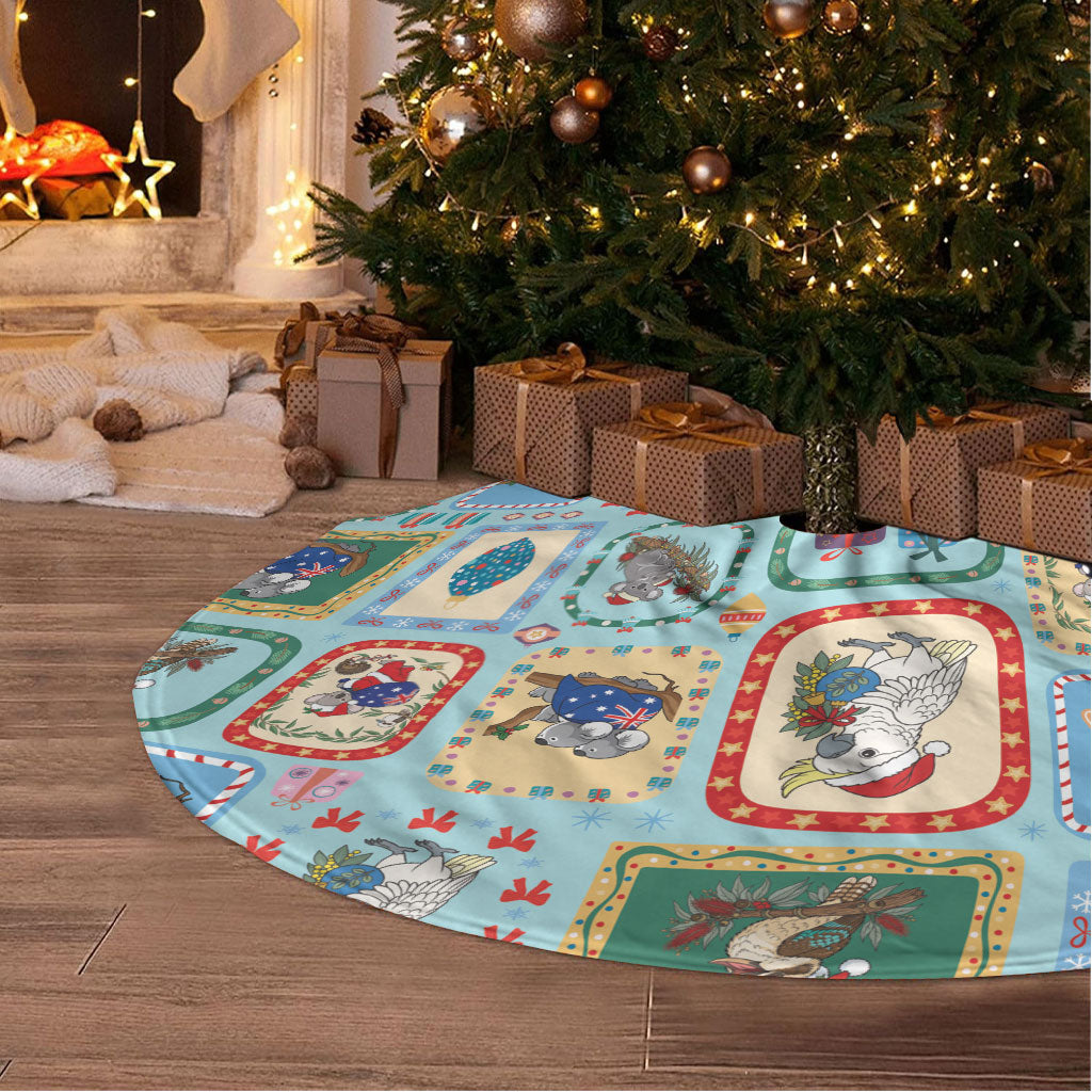 Australia Wildlife Christmas Stamps Tree Skirt Blue Aussie Native Animal Seamless Pattern