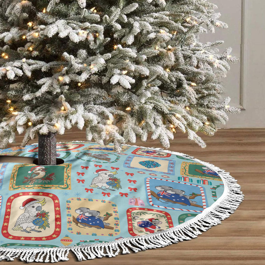 Australia Wildlife Christmas Stamps Tree Skirt Blue Aussie Native Animal Seamless Pattern