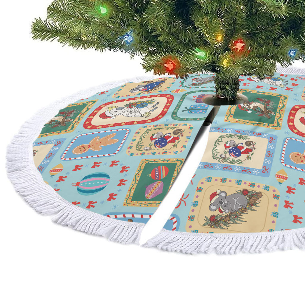 Australia Wildlife Christmas Stamps Tree Skirt Blue Aussie Native Animal Seamless Pattern