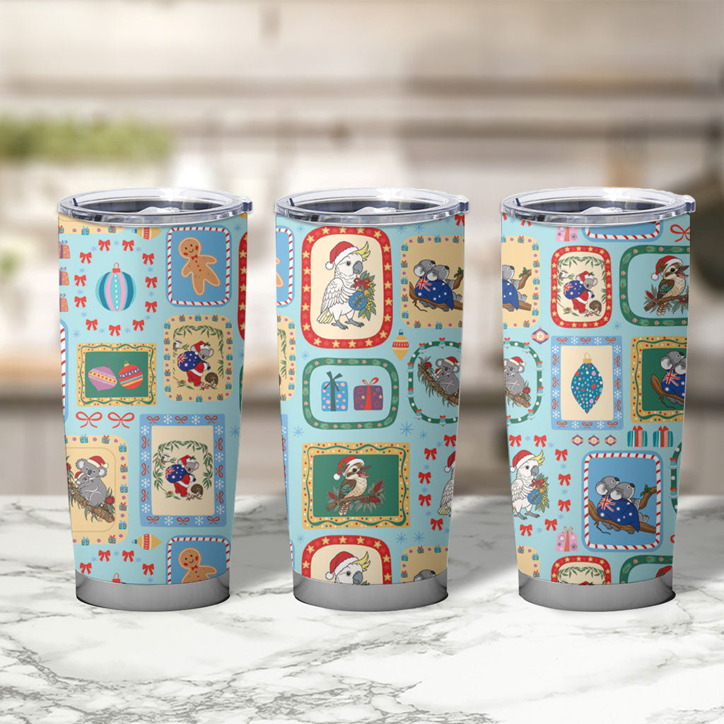 Australia Wildlife Christmas Stamp Tumbler Cup Blue Aussie Native Animal Seamless Pattern