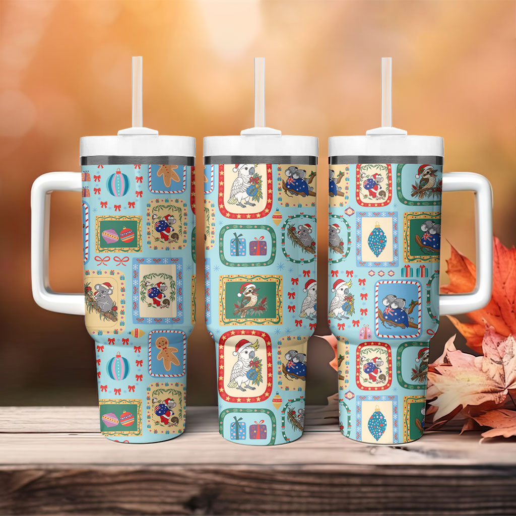Australia Wildlife Christmas Stamp Tumbler With Handle Blue Aussie Native Animal Seamless Pattern