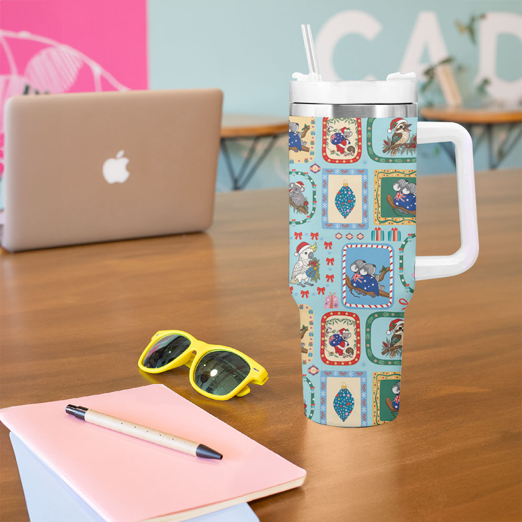 Australia Wildlife Christmas Stamp Tumbler With Handle Blue Aussie Native Animal Seamless Pattern