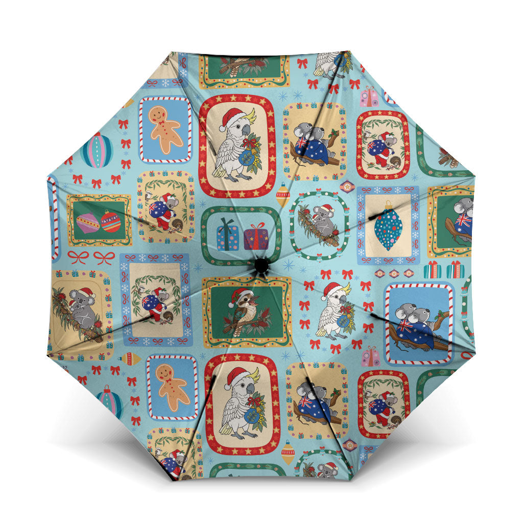 Australia Wildlife Christmas Stamp Umbrella Blue Aussie Native Animal Seamless Pattern