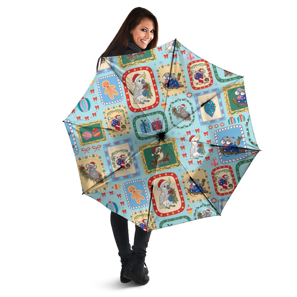 Australia Wildlife Christmas Stamp Umbrella Blue Aussie Native Animal Seamless Pattern