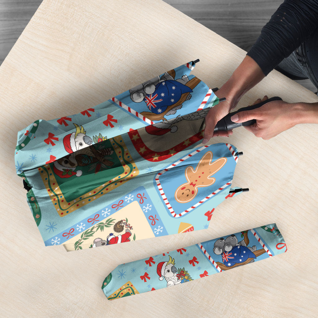 Australia Wildlife Christmas Stamp Umbrella Blue Aussie Native Animal Seamless Pattern