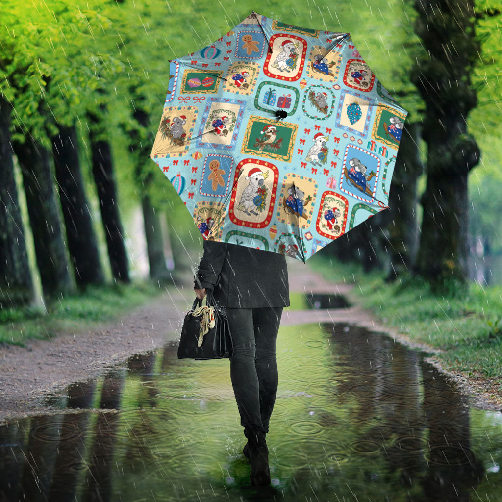 Australia Wildlife Christmas Stamp Umbrella Blue Aussie Native Animal Seamless Pattern