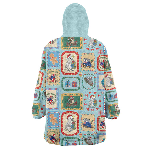 Australia Wildlife Christmas Stamp Wearable Blanket Hoodie Blue Aussie Native Animal Seamless Pattern