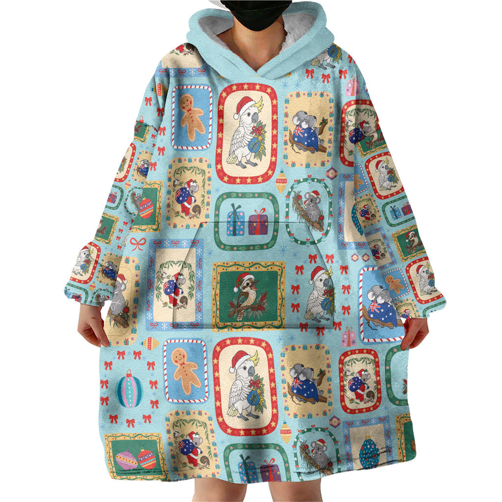 Australia Wildlife Christmas Stamp Wearable Blanket Hoodie Blue Aussie Native Animal Seamless Pattern
