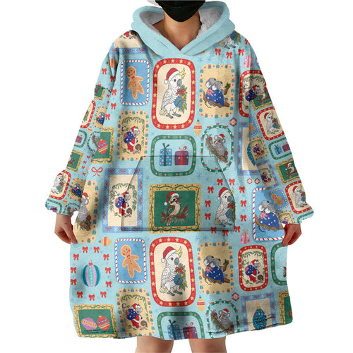 Australia Wildlife Christmas Stamp Wearable Blanket Hoodie Blue Aussie Native Animal Seamless Pattern