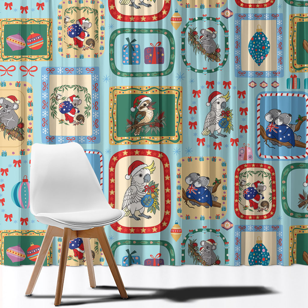 Australia Wildlife Christmas Stamp Window Curtain Blue Aussie Native Animal Seamless Pattern
