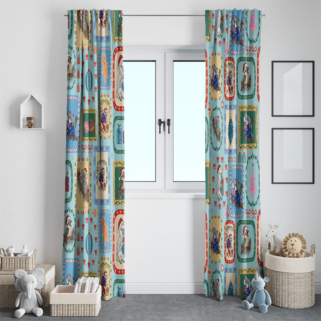 Australia Wildlife Christmas Stamp Window Curtain Blue Aussie Native Animal Seamless Pattern