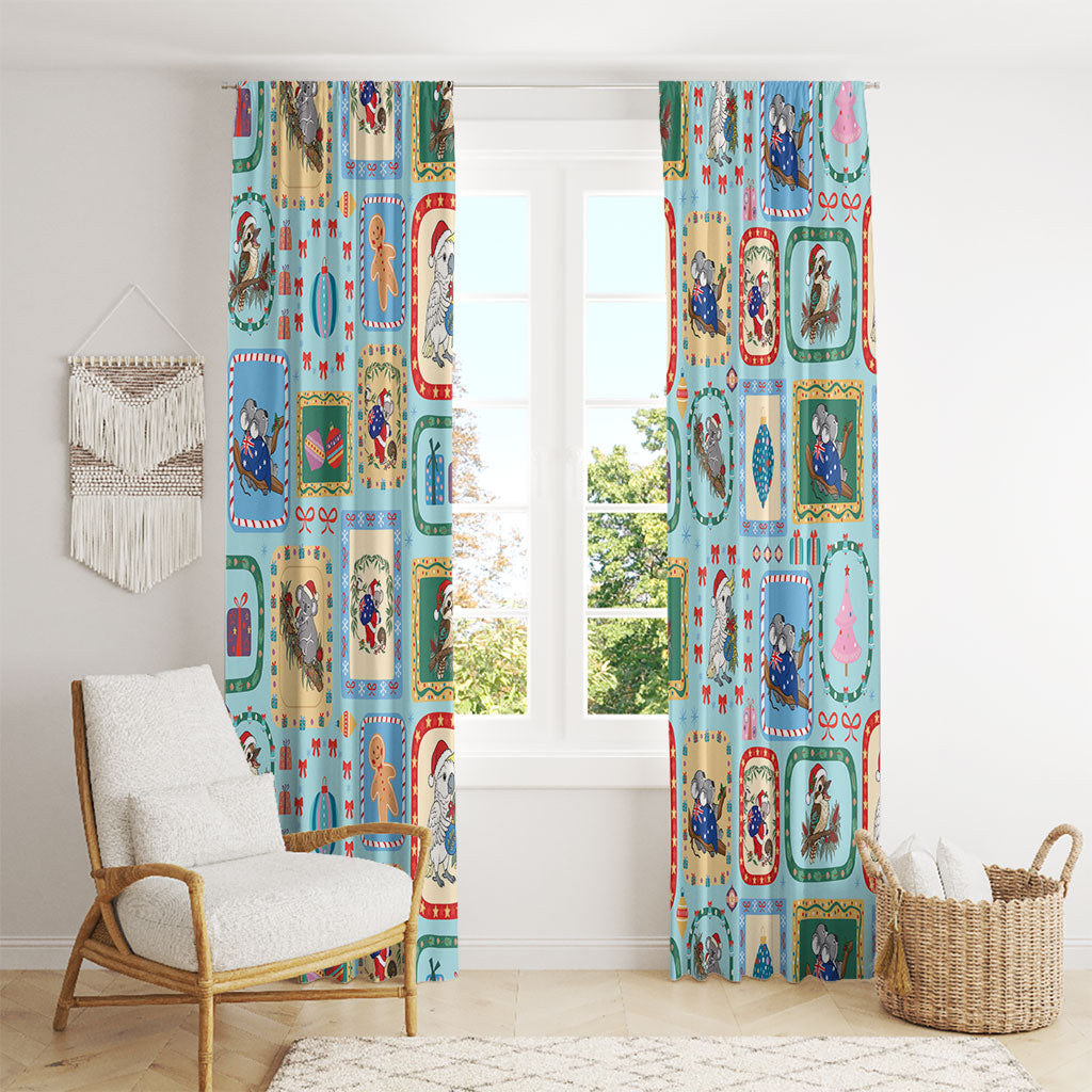 Australia Wildlife Christmas Stamp Window Curtain Blue Aussie Native Animal Seamless Pattern
