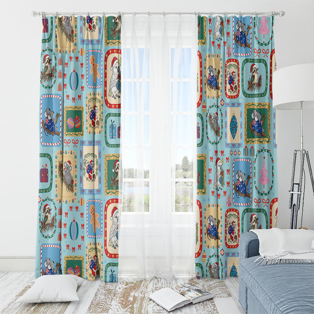 Australia Wildlife Christmas Stamp Window Curtain Blue Aussie Native Animal Seamless Pattern