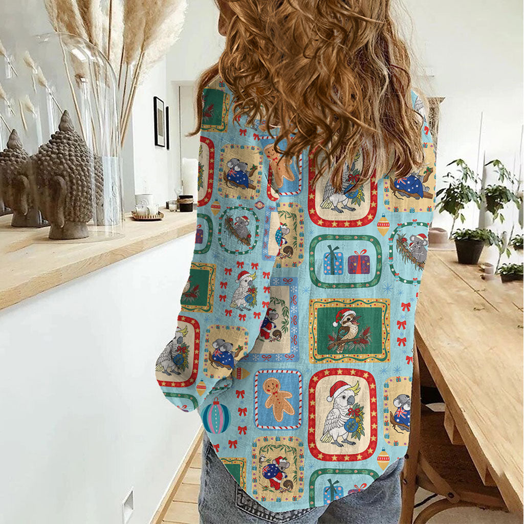 Australia Wildlife Christmas Stamp Women Casual Shirt Blue Aussie Native Animal Seamless Pattern