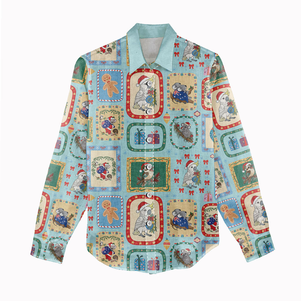 Australia Wildlife Christmas Stamp Women Casual Shirt Blue Aussie Native Animal Seamless Pattern