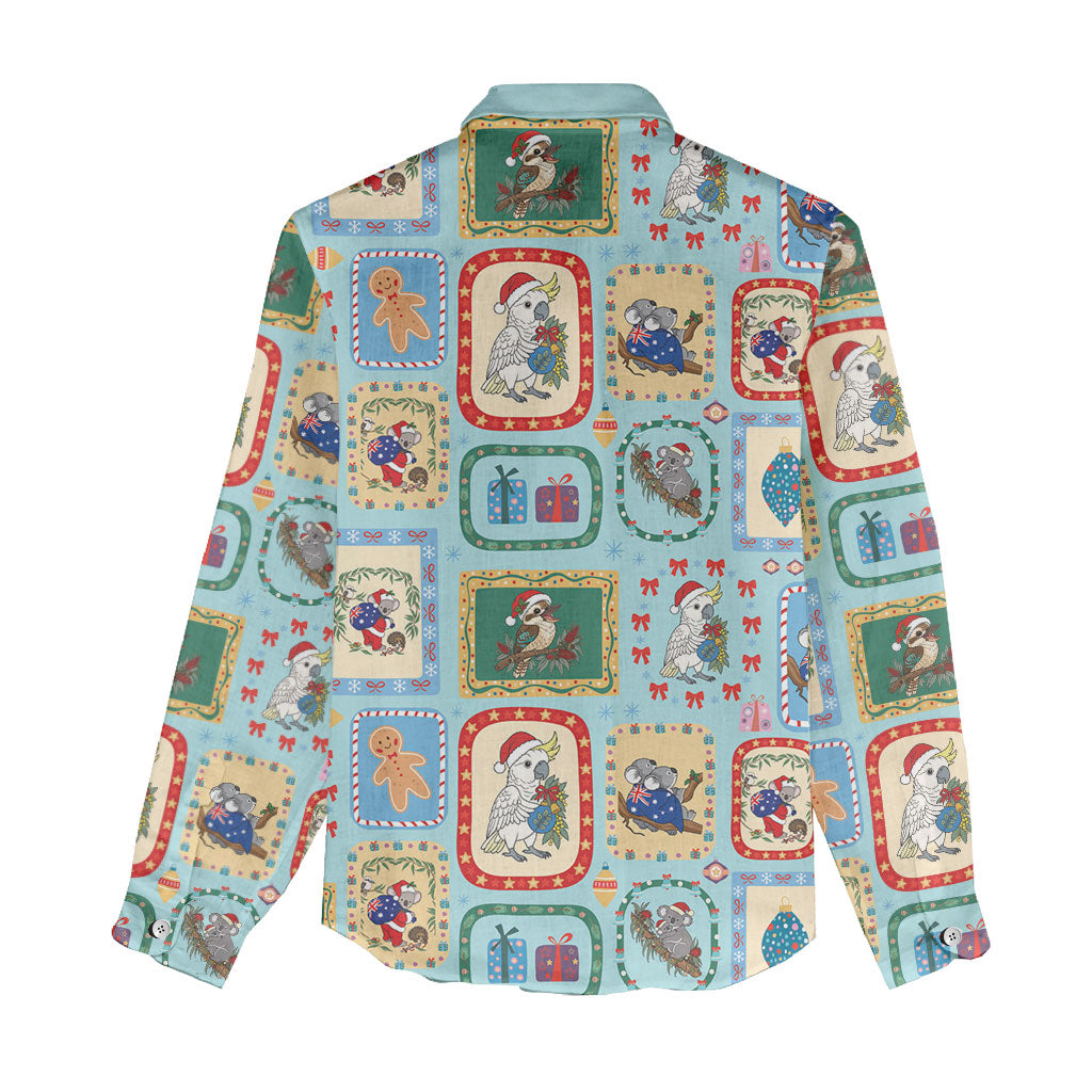 Australia Wildlife Christmas Stamp Women Casual Shirt Blue Aussie Native Animal Seamless Pattern